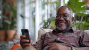 African American Male holding mobile phone smiling